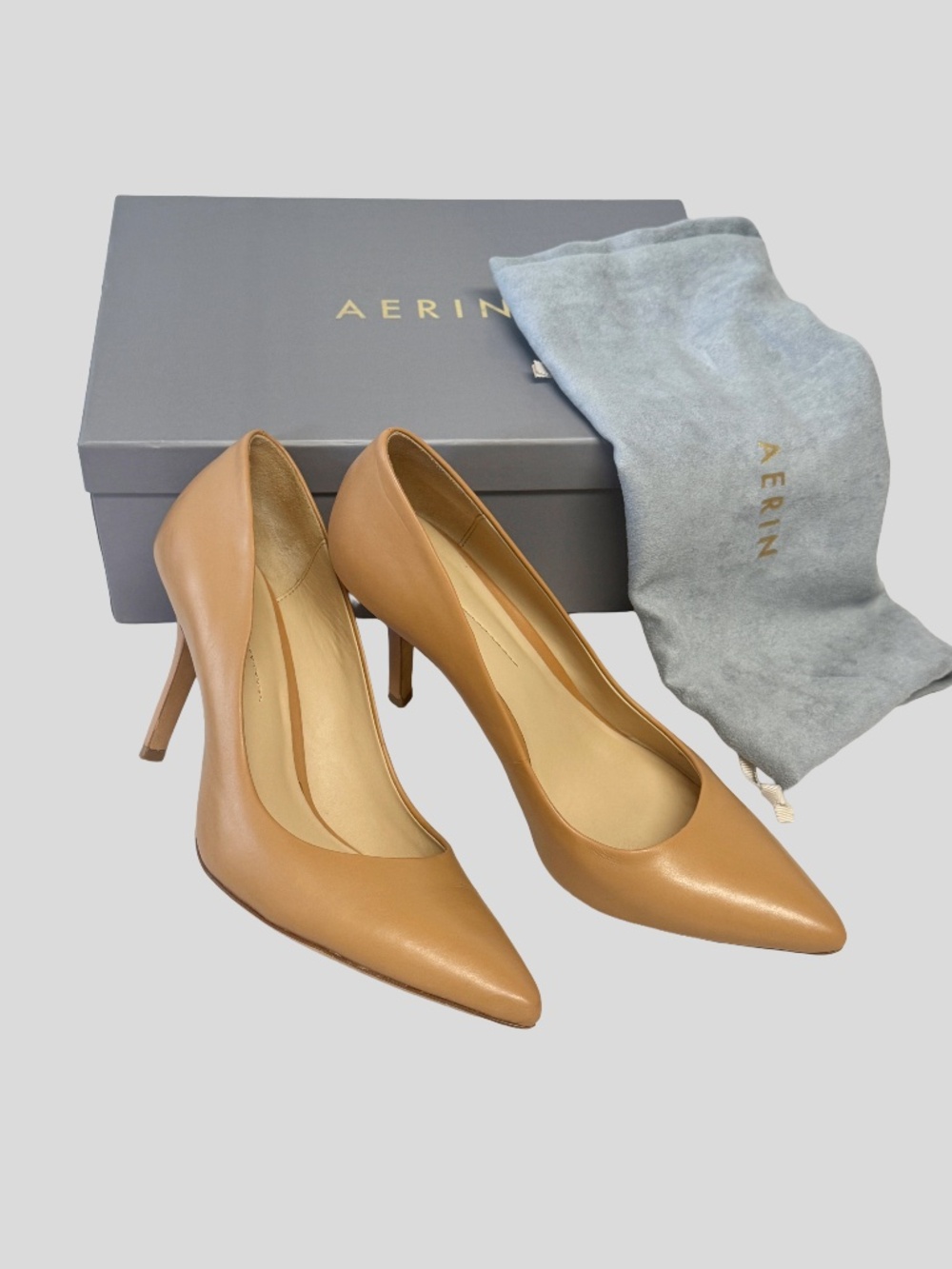 AERIN Leather Pointed Toe Stiletto Pumps in Tan Size 8.5